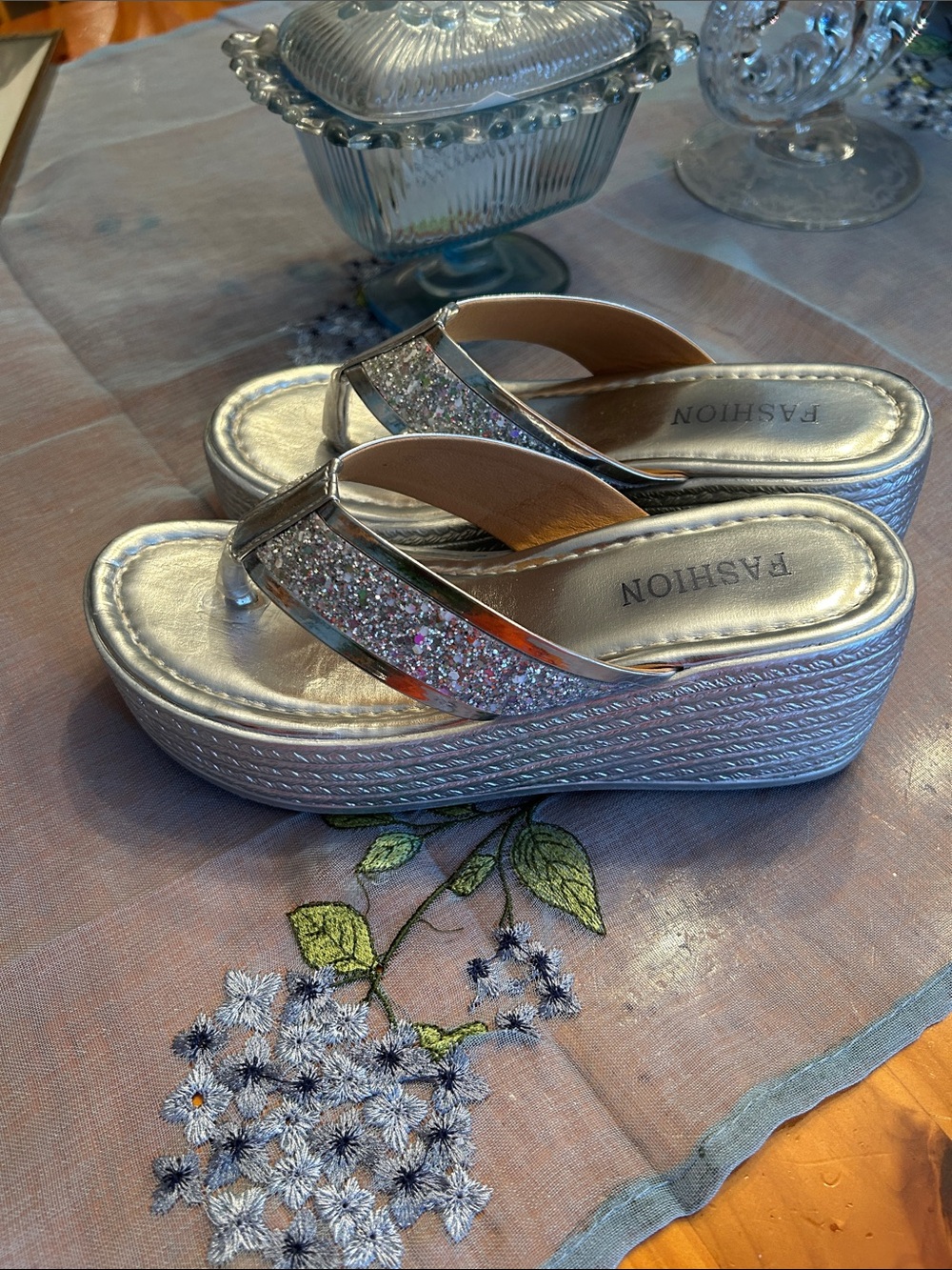 Fashion Silver Glitter Platform Thong Sandals for Women - Platform Flip Flops